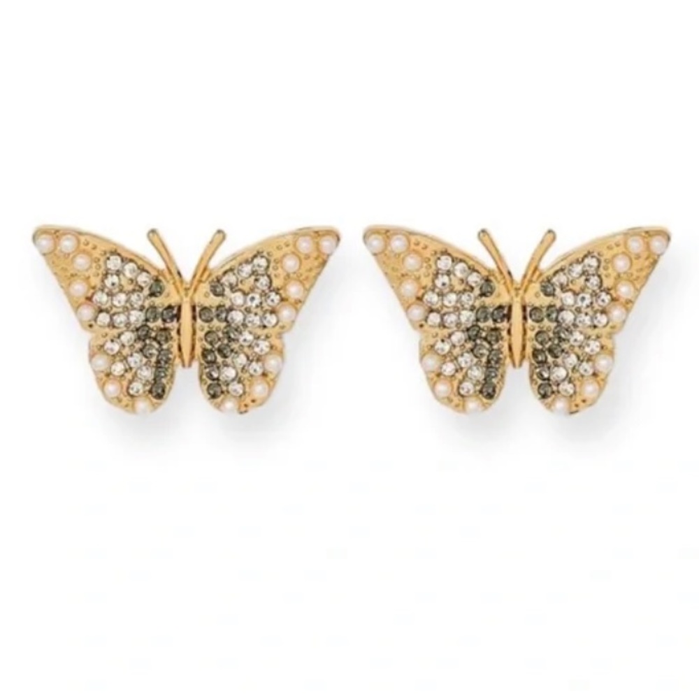 SUGARFIX By BaubleBar Butterfly Earrings Inlaid Crystals Pearls Gold Tone
